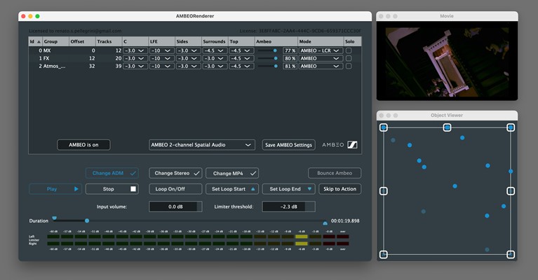 The preview tool of the AMBEO 2-Channel Spatial Audio rendering software. The Object Viewer window at the bottom right shows fixed loudspeaker positions at the edges and individual renderings as blue dots. Pale dots are elevated sound sources